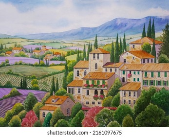 Hand Drawn Watercolor Painting Of Beautiful Italian Countryside. Landscape Painting With Building, House, Lavender Fields, Farm House, Agricultural Land, Trees,hill, Mountain, Sunny Blue Sky For Print