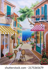 hand drawn watercolor painting of beautiful Mediterranean town. landmark painting with buildings,house,cafe, restaurant,street,trees,stone wall, windows, houseplant,blue water, island and blue sky