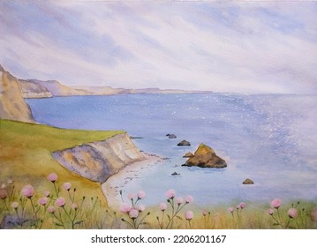hand drawn watercolor painting beautiful coastal cliff  seascape painting and beach  shore  cliff  grass field  wildflowers  meadow  rocks  sparkling sea  blue water   sunny blue sky for print 