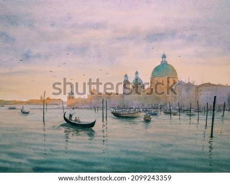 hand drawn watercolor painting of beautiful dusk in Venice, Italy. landscape painting with water, grand canal, building silhouette, boats,gondola, and beautiful sunset sky for illustration, print,etc