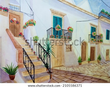hand drawn watercolor painting of beautiful traditional Mediterranean house. architectural painting with white houses, balcony, window, door, stair, houseplants, pavers and bright sky for print,etc
