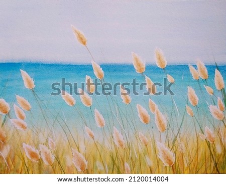 hand drawn watercolor painting of beautiful beach grass. landscape painting with blue water, ocean, beach, seashore, grass, flower grass, bunny tail grass and clear sky for illustration, print,etc