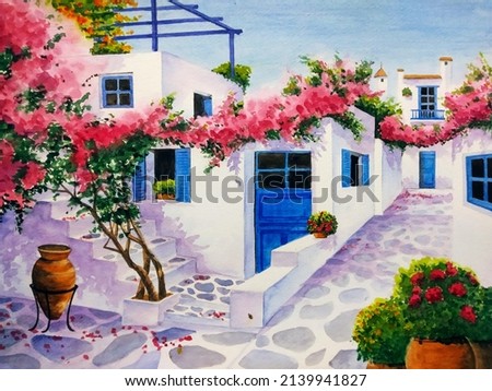 hand drawn watercolor painting of beautiful house in Greece. landmark painting with white building, alley, stone street, stair, door, window, bougainvillea, jug, houseplant, pot and blue sky for print