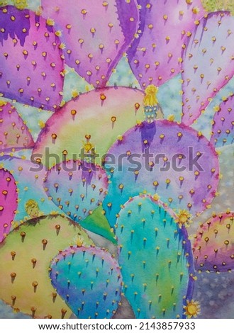 hand drawn watercolor painting of beautiful rainbow cactus. floral painting with colorful and bright prickly pear cactus, sunny day and spring summer vibes for illustration, print, etc
