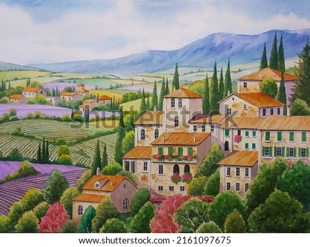hand drawn watercolor painting of beautiful Italian countryside. landscape painting with building, house, lavender fields, farm house, agricultural land, trees,hill, mountain, sunny blue sky for print