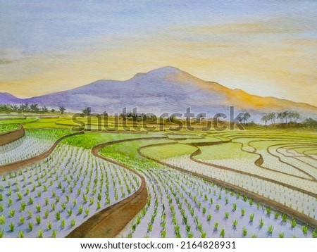 hand drawn watercolor painting of beautiful morning in the rice fields.landscape painting with sunrise,paddy,water,reflection,terracing, pathway, plants and sunlight behind the mountain for print,etc