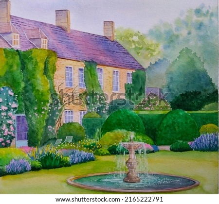 hand drawn watercolor painting of beautiful English house. landscape painting with building,garden,fountain,grass,houseplants,flowers,manor,brick wall,chimney,windows,roof,courtyard,hedgerow for print