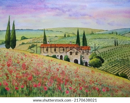 hand drawn watercolor painting of beautiful countryside scenery. landscape painting with building, stone house, agricultural area, farm land, poppy field,plant rows,trees and evening sky for print,etc