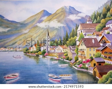 hand drawn watercolor painting of beautiful Hallstatt scenery. landscape painting with mountains, blue water, lake, buildings, house, trees, boats, reflection, panoramic village, cloud and blue sky 