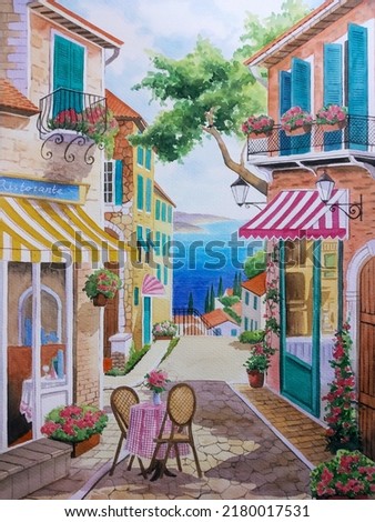 hand drawn watercolor painting of beautiful alley in lake como. landscape painting with buildings, house, restaurant, plants,tree,brick wall, windows, canopy,street,blue water and blue sky for print