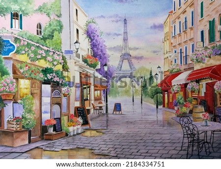 hand drawn watercolor painting of beautiful evening in Paris. landmark painting with Eiffel tower, building, shop, street cafe, restaurant, flower, plants, paved walkway and colorful sky for print,etc