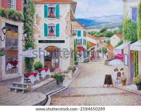 hand drawn watercolor painting of beautiful outdoor cafe. cityscape painting with table and chairs,building,cafe,restaurant,street,paved walkway,climbing plants,wall,window and coastal view for print