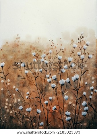 hand drawn watercolor painting of beautiful wildflowers. landscape painting with white petals,buds,stem, dark leaves,flower silhouette, bushes,shrub, meadow, field in sepia color for print, etc 