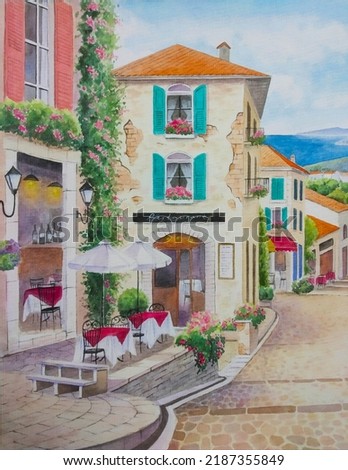 hand drawn watercolor painting of beautiful tavern. cityscape painting with building,street,brick wall,window,climbing plant,table and chairs,cafe,restaurant,stone walkways and coastal view for print 
