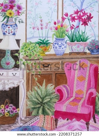 hand drawn watercolor painting of beautiful sitting room. interior design painting with bohemian armchair, pillows, rug, brown cabinet, white table, lamp, houseplant,flowers in the vase and wallpaper 
