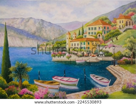 hand drawn watercolor painting of beautiful lake scenery. landscape painting with blue water, dock, pier, boats, plants, trees, flowers, grass, park, building, lakeside villa, hills and bright sky