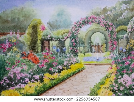 hand drawn watercolor painting of beautiful flower garden. landscape painting with colorful flowers, trees, roses, green leaves, arch gate, plant arbors, water fountain,stone pathway and blue sky