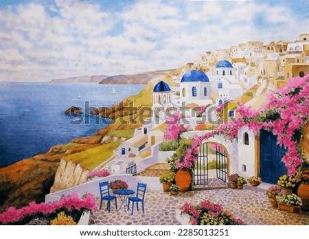 hand drawn watercolor painting of beautiful Santorini view. landmark painting with buildings, church, white wall, house, cottage, bougainvillea, terrace, blue sea, Greek islands and cloudy blue sky 