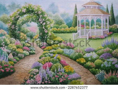 hand drawn watercolor painting of beautiful garden view. landscape painting with colorful flowers, blooming petals, green leaves, grass, pathway, rose archway, gazebo, flower bed, trees and blue sky