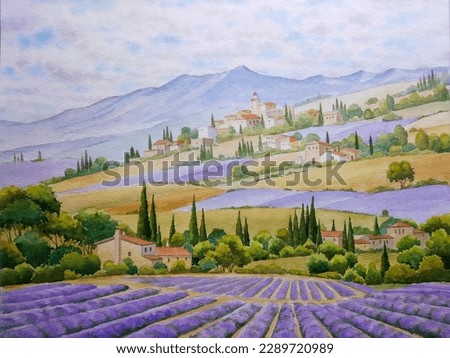 hand drawn watercolor painting of beautiful lavender fields. landscape painting with purple flowers, lavender rows, farm house, trees, grassland, farm field, village, hills, mountain and bright day 