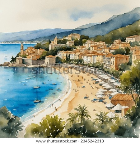 hand drawn watercolor painting of beautiful French Riviera. landscape painting with blue sea, beach, people sunbathing, coastal village, buildings, trees, island, beautiful shoreline and bright sky 