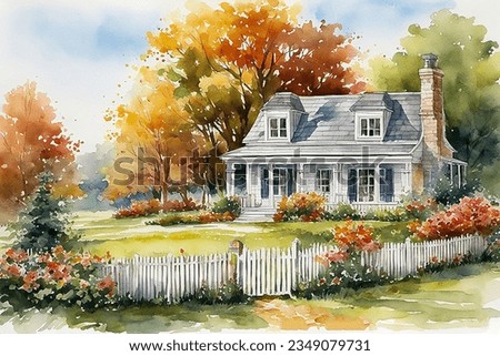 hand drawn watercolor painting of beautiful wooden house. Landscape painting with white building, country house, chimney, windows, courtyard, lawn, flowers, fence, autumn trees and bright blue sky 