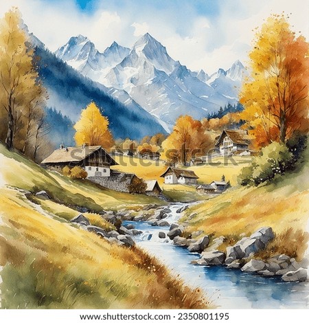 hand drawn watercolor painting of beautiful fall scenery. landscape painting with grassland, Swiss Alps village, house, creek, rocks, autumn trees, yellow leaves, mountains background and blue sky 