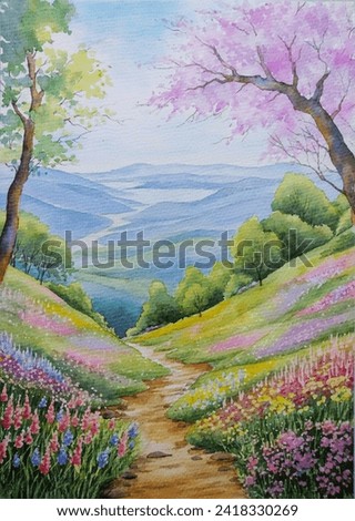 hand drawn watercolor painting of beautiful spring scenes. Mountainous landscape with blooming flowers, colorful wildflowers, grass, meadow, trees, woods, path, hills, valley, river and blue sky 