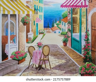 Hand Drawn Watercolor Painting Of A Bistro On The Coastal Town. Landmark Painting With Building,cafe, Restaurant,street, Alley,blue Sea, Chairs And Table, Flowers, Windows,brick Wall And Sunny Day