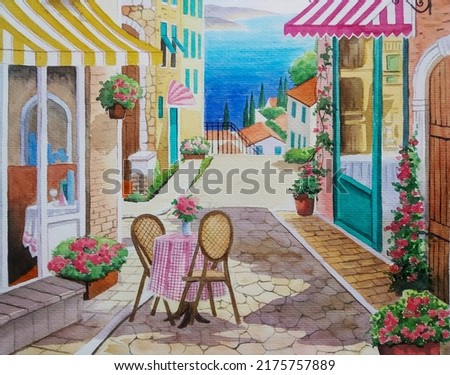 hand drawn watercolor painting of a bistro on the coastal town. landmark painting with building,cafe, restaurant,street, alley,blue sea, chairs and table, flowers, windows,brick wall and sunny day