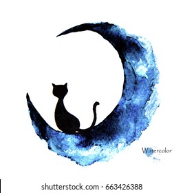 Hand drawn watercolor painting black cat sitting the moon