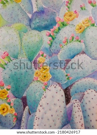 hand drawn watercolor painting of blooming cactus. botanical painting with colorful prickly pear cactus, yellow flowers,pink buds and abstract background for illustration, print, etc 