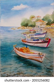 hand drawn watercolor painting boats clear beach  landscape painting and sea blue water  the pier  boats  island  blue sky rocks   corals for  illustration art print  background  etc