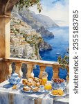 hand drawn watercolor painting of breakfast in Amalfi coast. romantic painting with buildings, resort, terrace, balcony, bread,fruits,juice on the table, blue sea, coastal view and bright sky 