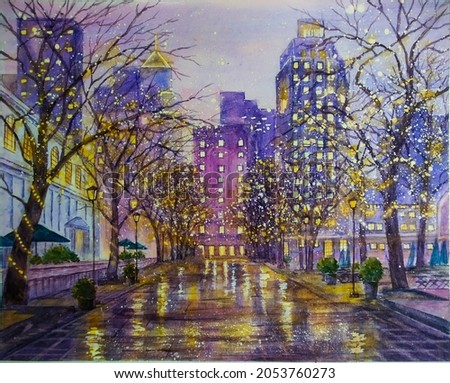 hand drawn watercolor painting of city illuminations at night.cityscape painting with buildings, trees, street, skyscraper, light, lamps, night sky,romantic view for illustration, print,background,etc