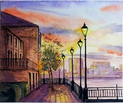 Hand Drawn Watercolor Painting Of Cityscape Sunset. Landmark Painting With Buildings,house, Street Lamps, Sunset Sky, Water, Tree,fence, And Romantic Light For Illustration, Print, Background, Etc