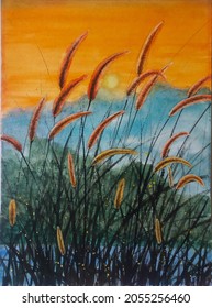 hand drawn watercolor painting of closeup reeds at sunset. landscape painting with reeds,sunset sky, sun, reed silhouette, lake or swamp, woods and fireflies for illustration, print, background, etc