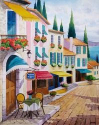 Hand Drawn Watercolor Painting Of Coastal Town. Landmark Painting With Buildings,restaurant And Cafe,brick Paving Sidewalk,plants,wall,window,canopy And Bright Sunny Sky For Illustration, Print, Etc