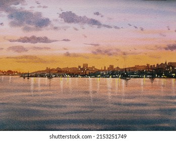 hand drawn watercolor painting of coastal sunset. landscape painting with seaside city silhouette, water, reflection, sea, orange sky, city lights, dark clouds and beautiful sunset for print, etc