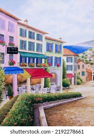 Hand Drawn Watercolor Painting Of Coastal Town View. Landscape Painting With Buildings,restaurant,cafe,street,stone Walkway,colorful Wall,canopy,hedgerow,sea,house,blue Sky, Table And Chairs For Print