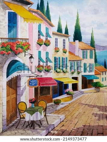 hand drawn watercolor painting of coastal town. landmark painting with buildings,restaurant and cafe,brick paving sidewalk,plants,wall,window,canopy and bright sunny sky for illustration, print, etc