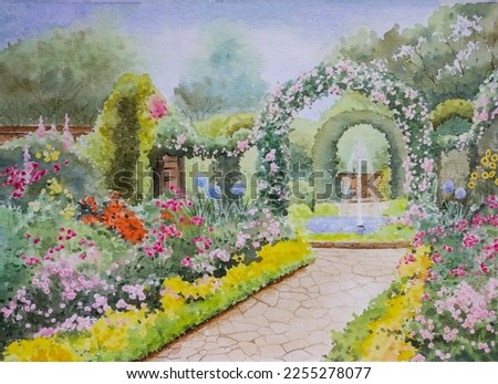 hand drawn watercolor painting of colorful garden. landscape painting with blooming flowers, rose arch gate, climbing plants, trees, water fountain, pathway, various flower garden and blue sky 