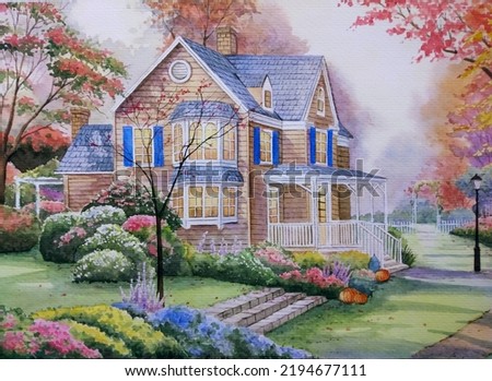 hand drawn watercolor painting of country house autumn. landscape painting with building, wooden house, front yard, garden, grass, colorful flowers, trees, foliage and sunny sky for print, etc 
