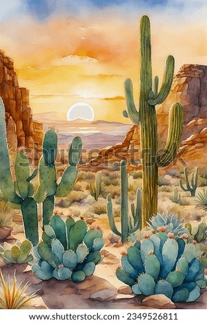 hand drawn watercolor painting of desert sunset. landscape painting with prickly pear, saguaro cactus, cactus flowers, grass, desert plants,dry sandy soil, sandstone mountain, sun and sunset sky 