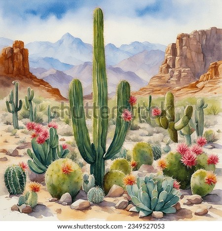 hand drawn watercolor painting of desert scenery. landscape painting with prickly pear, saguaro, barrel cactus, cactus flowers, plants, rocks, dry soil, dunes, sandstones, mountains and sunny blue sky
