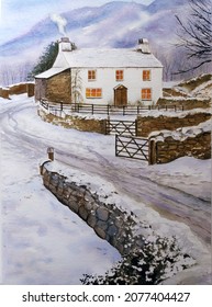 hand drawn watercolor painting of English countryside. winter landscape painting with warm house, snowy environment, fence, stone barrier, trees and mountain for illustration, digital printing, etc