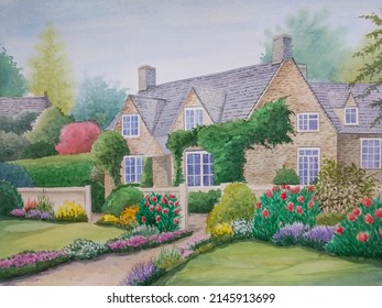 hand drawn watercolor painting of English countryside. landscape painting with building,stone house or cottage, garden, blooming flowers, trees,grass,front yard and blue sky for illustration,print,etc