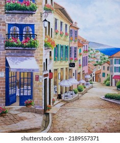 Hand Drawn Watercolor Painting Of European Restaurant. Landscape Painting With Buildings, Stone Walkway, Bricks Wall, Windows, Flowers, Old Town, Street, Cafe, Door, Coast, Sea And Blue Sky For Print 