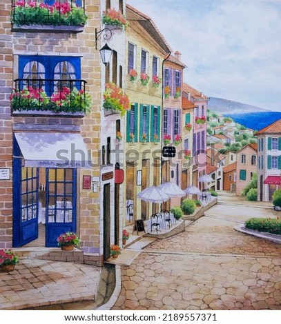 hand drawn watercolor painting of European restaurant. landscape painting with buildings, stone walkway, bricks wall, windows, flowers, old town, street, cafe, door, coast, sea and blue sky for print 