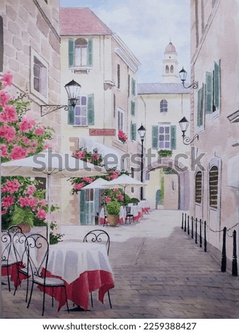 hand drawn watercolor painting of European street view. cityscape painting with old buildings, street cafe, church,wall, green windows, flowers, parasols, table, chairs and sunny sky 